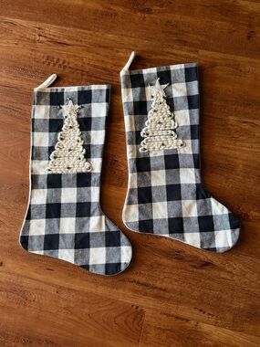 Set of 2 Buffalo Plaid Christmas Stockings - Chunky Knit Tree & Jingle Bells